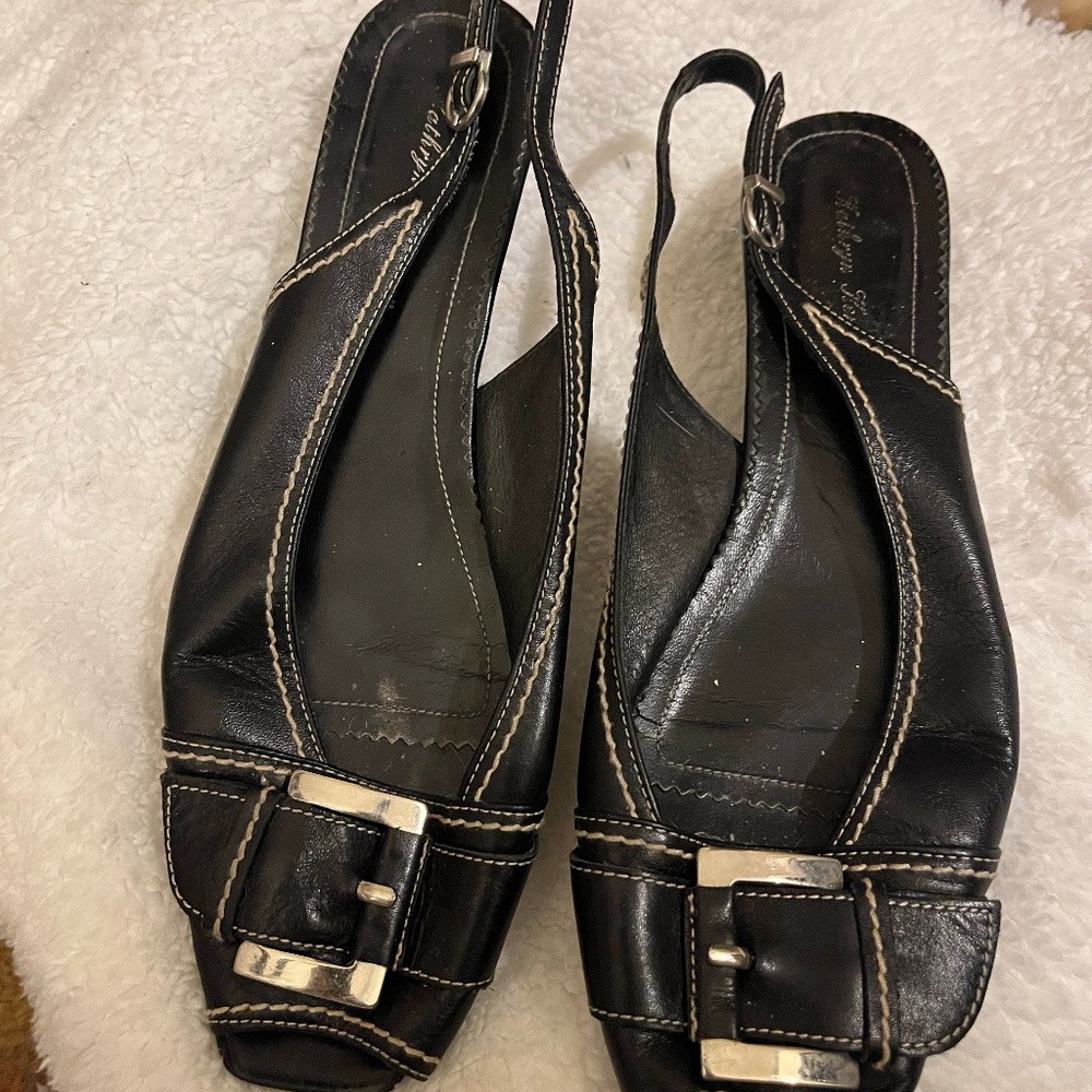 Black open toe, open back kitten heel sandals